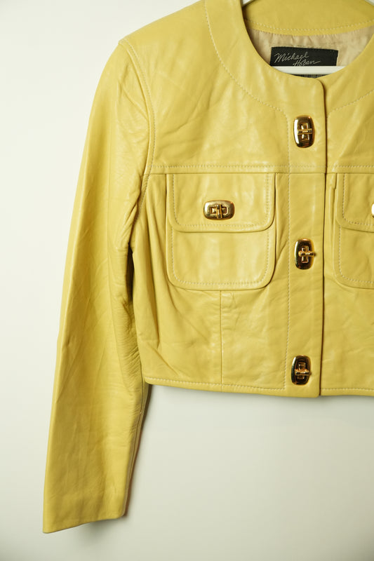 Michael Hoban Buttercream Yellow Leather Collarless CLasp Pocket Cropped Jacket