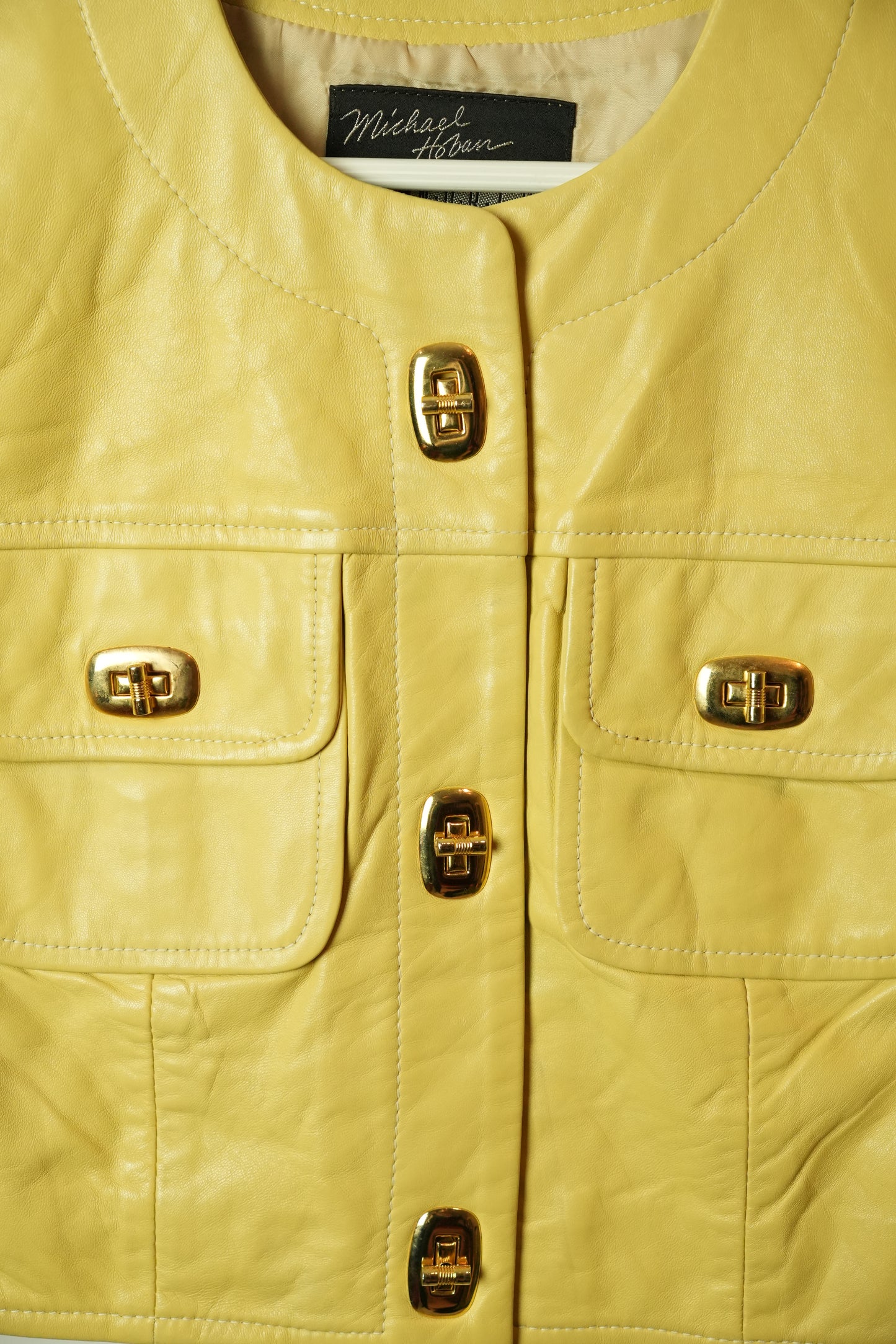 Michael Hoban Buttercream Yellow Leather Collarless CLasp Pocket Cropped Jacket