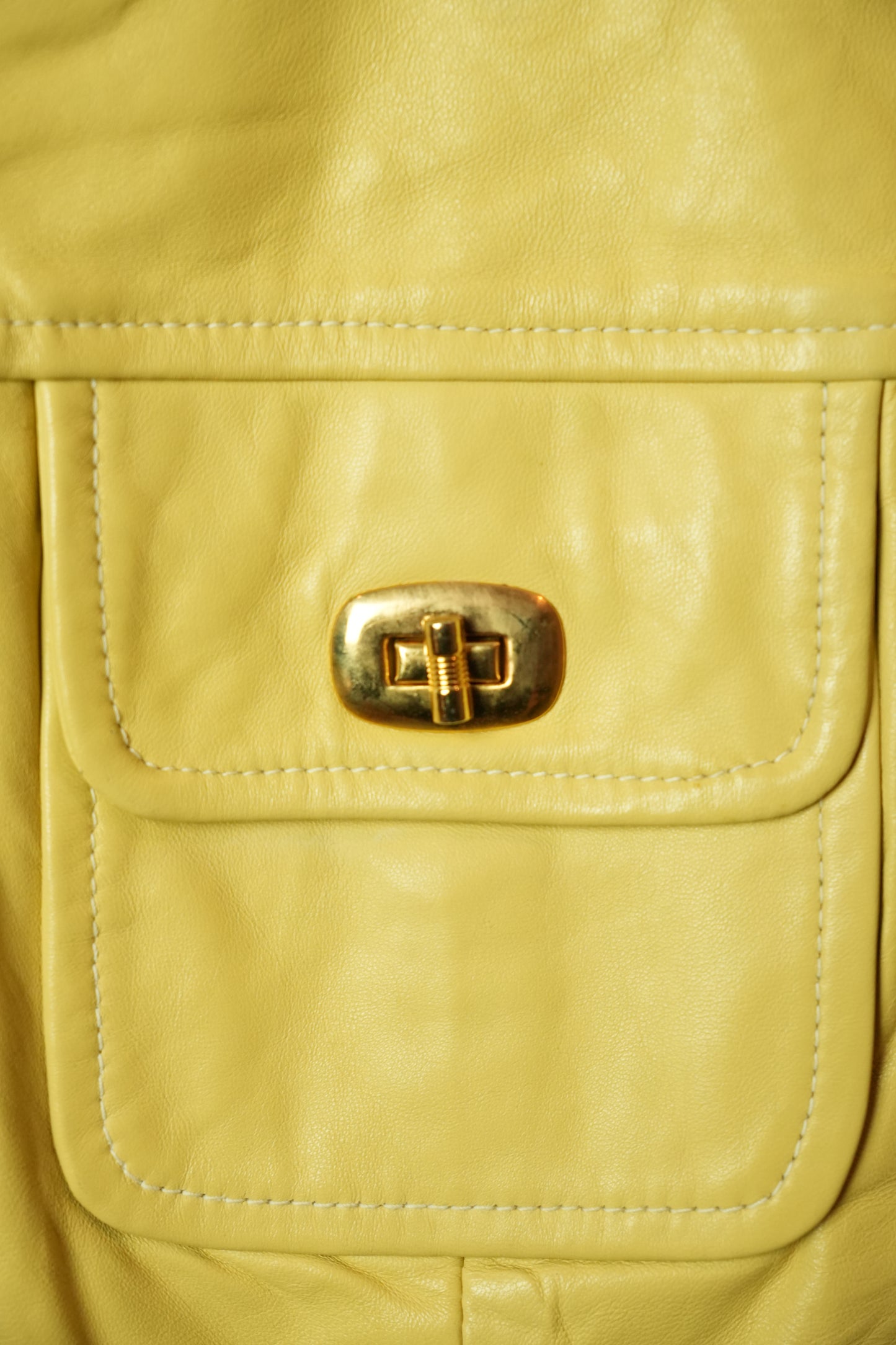 Michael Hoban Buttercream Yellow Leather Collarless CLasp Pocket Cropped Jacket