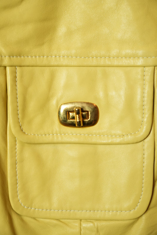 Michael Hoban Buttercream Yellow Leather Collarless CLasp Pocket Cropped Jacket