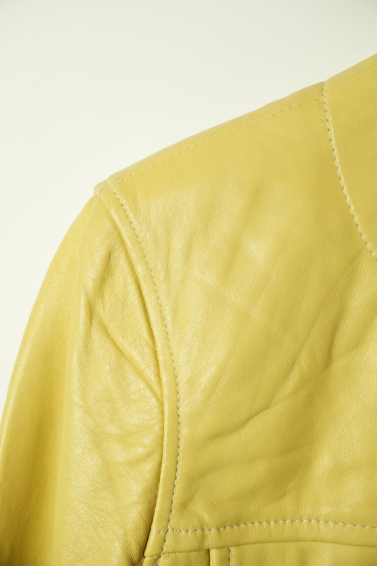 Michael Hoban Buttercream Yellow Leather Collarless CLasp Pocket Cropped Jacket