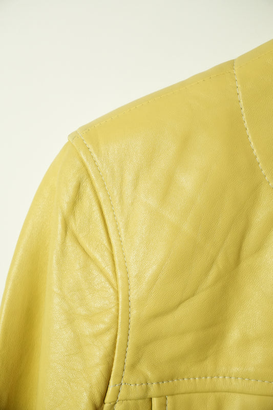 Michael Hoban Buttercream Yellow Leather Collarless CLasp Pocket Cropped Jacket
