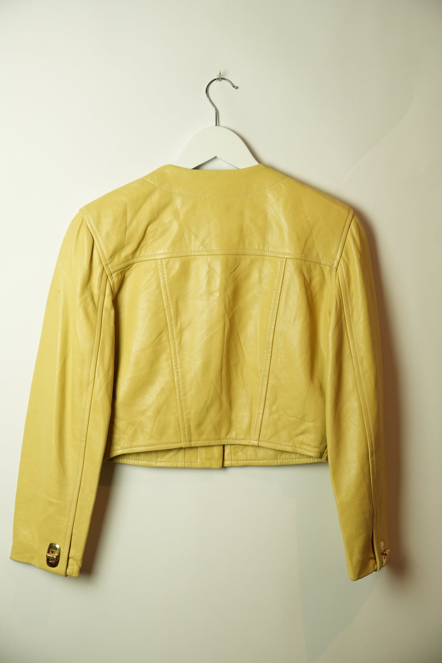 Michael Hoban Buttercream Yellow Leather Collarless CLasp Pocket Cropped Jacket
