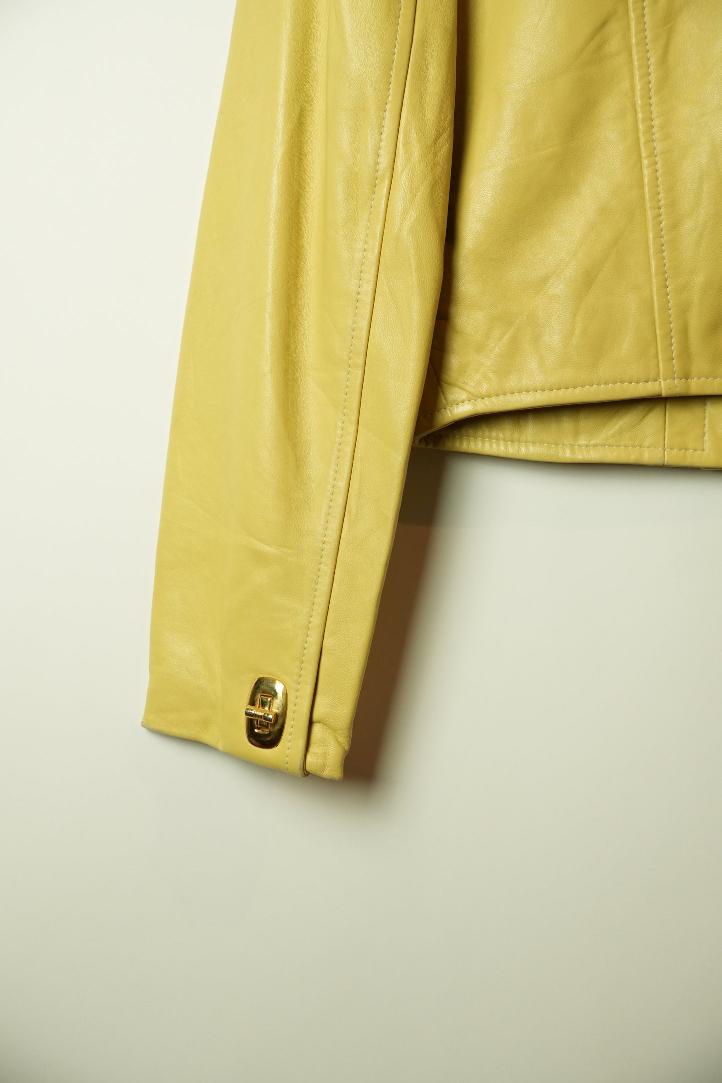 Michael Hoban Buttercream Yellow Leather Collarless CLasp Pocket Cropped Jacket