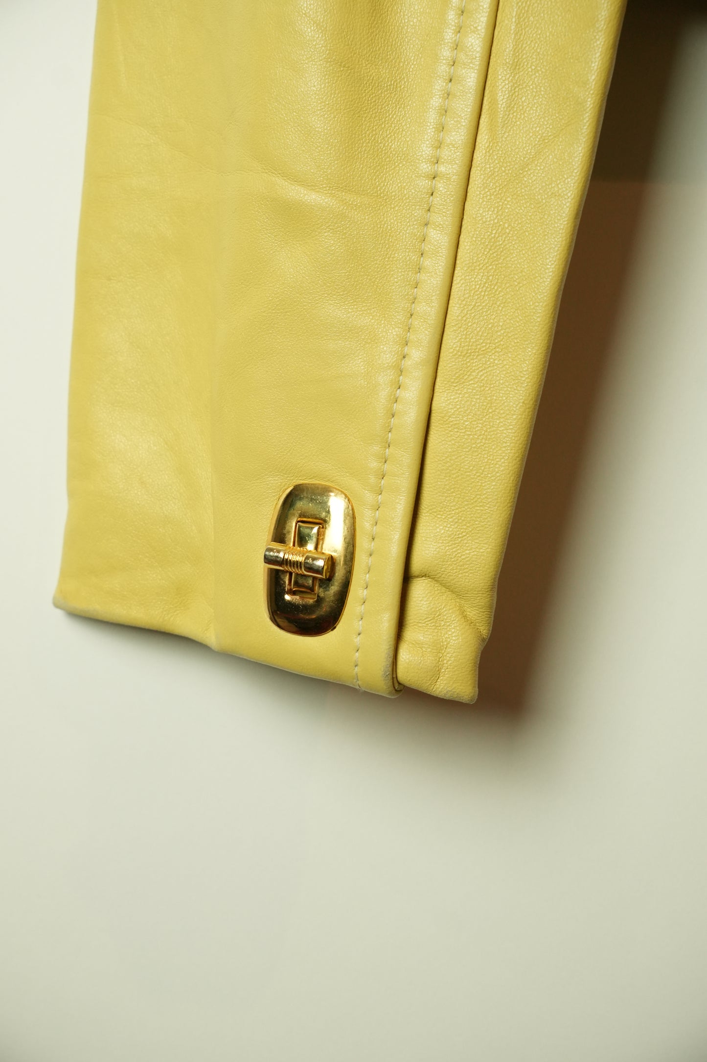 Michael Hoban Buttercream Yellow Leather Collarless CLasp Pocket Cropped Jacket