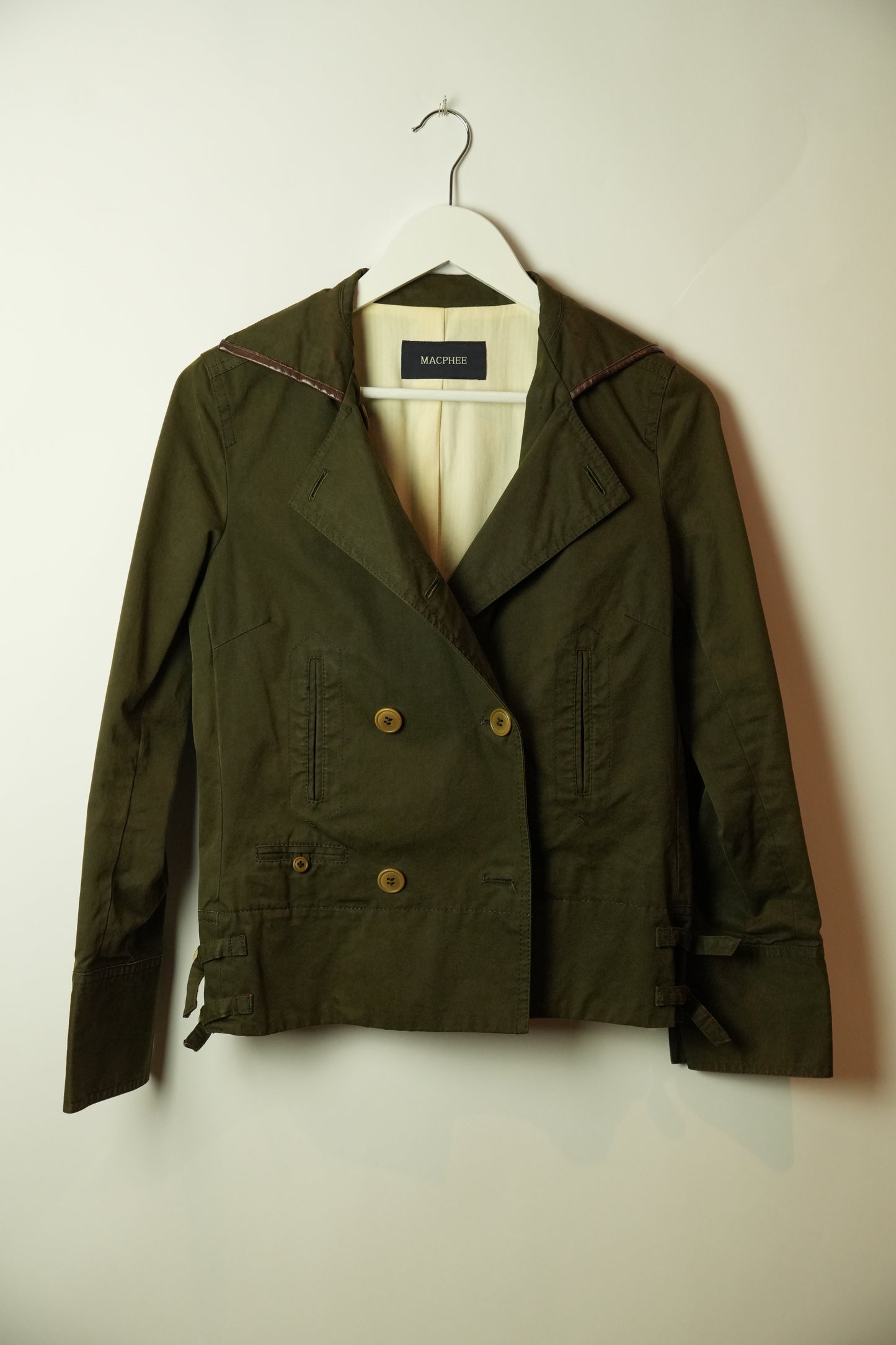 Macphee Khaki Double Breasted short Trench w Buckles