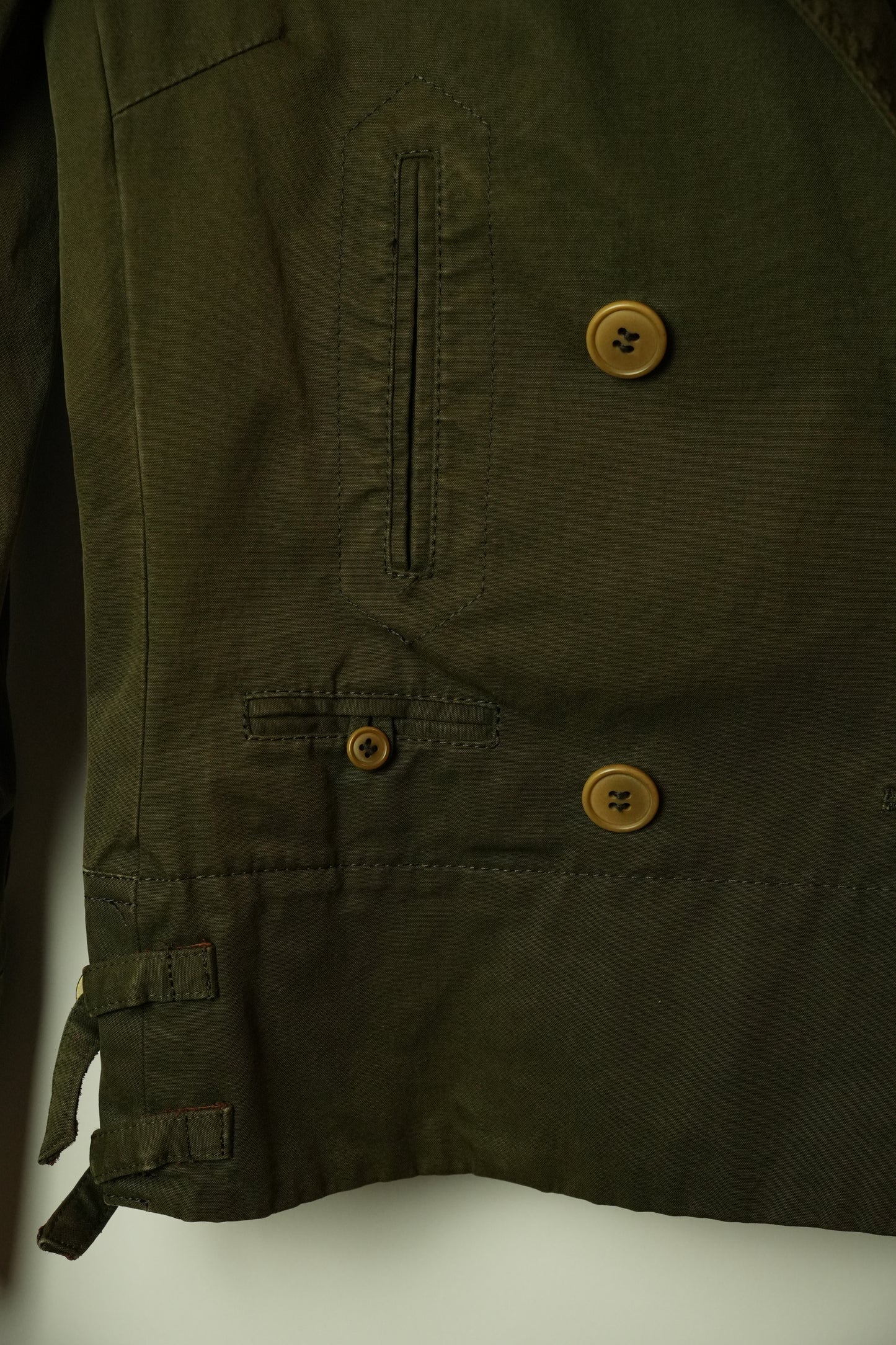 Macphee Khaki Double Breasted short Trench w Buckles