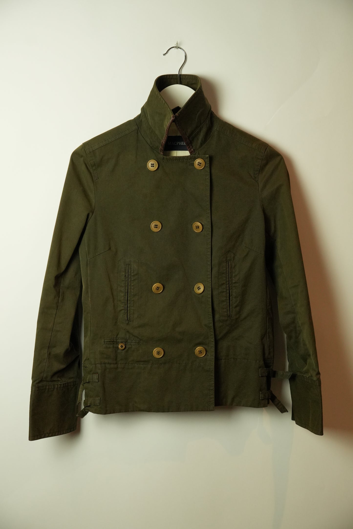 Macphee Khaki Double Breasted short Trench w Buckles