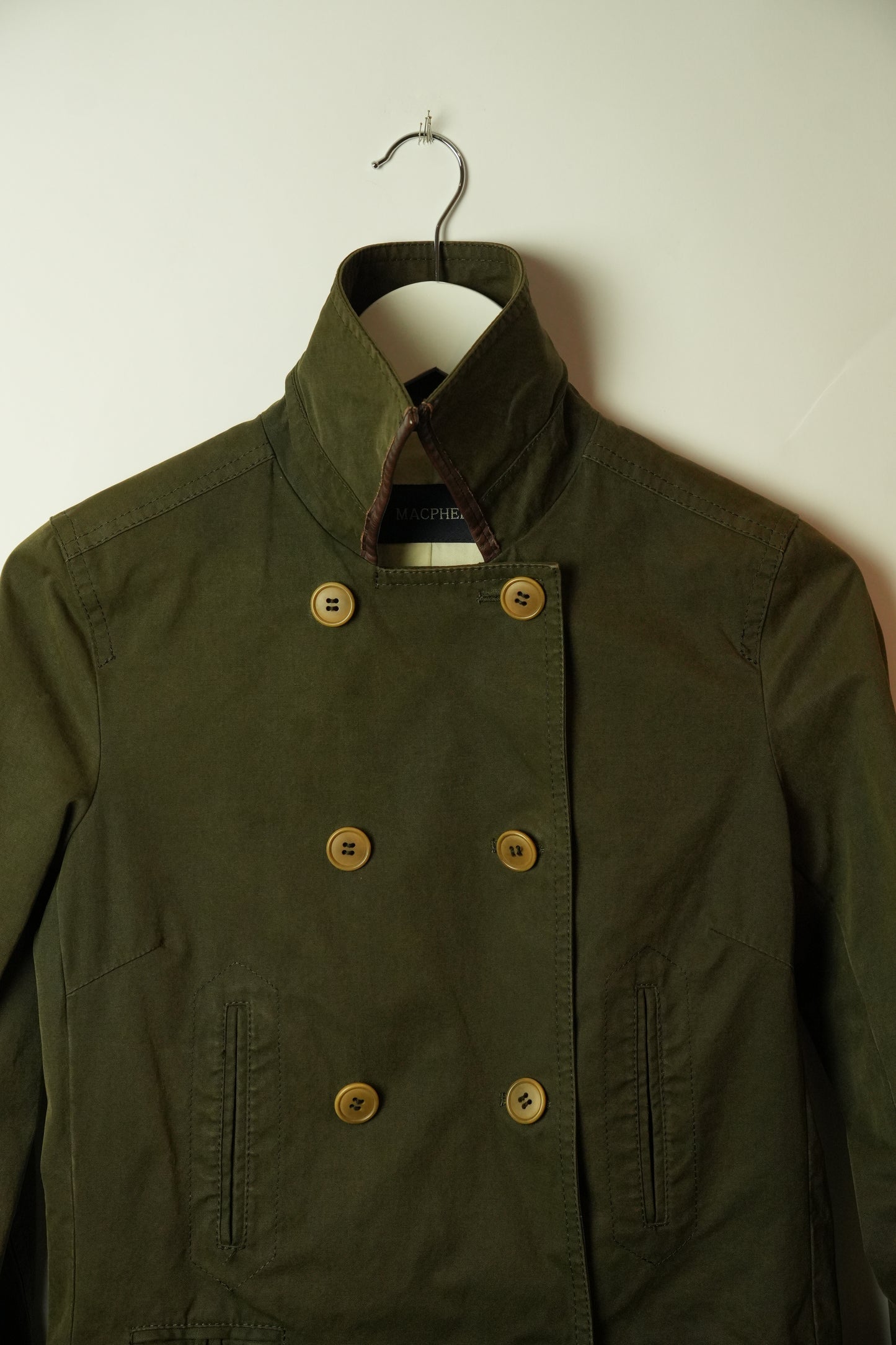 Macphee Khaki Double Breasted short Trench w Buckles