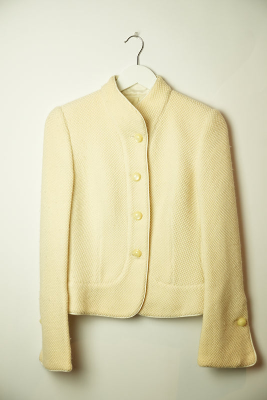 Armani Collezioni Wool High Neck Button Down Collarless Blazer