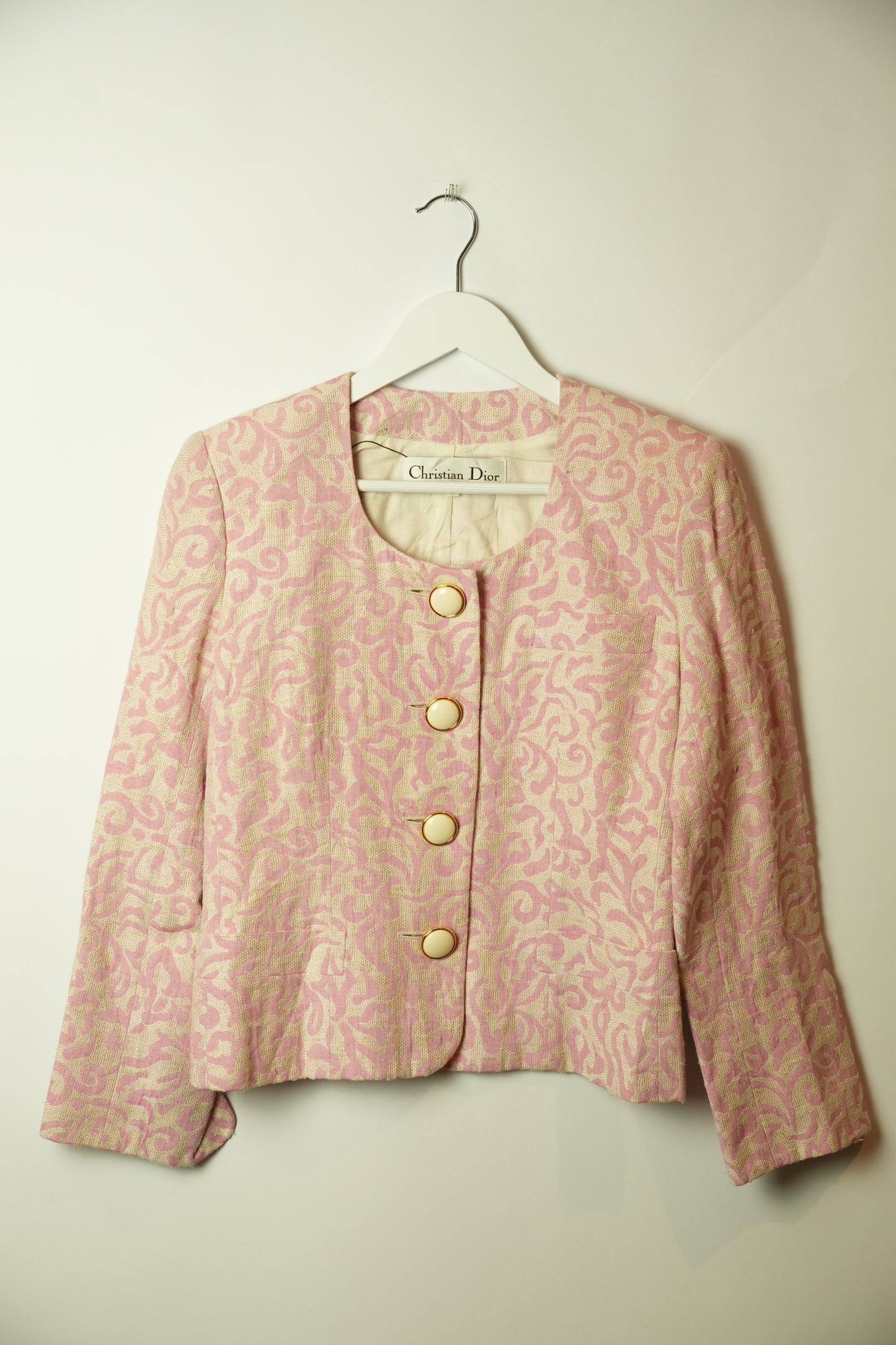 Christian Dior Pink White Paisley Scoop Neck Collarless Blazer