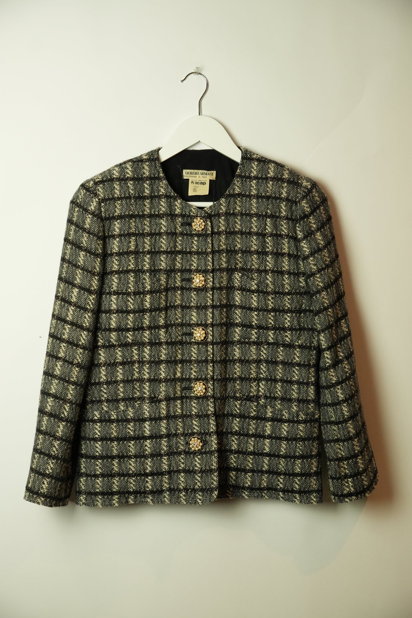 Giorgio Armani Tweed Checkered Collarless Blazer w Pearl Buttons