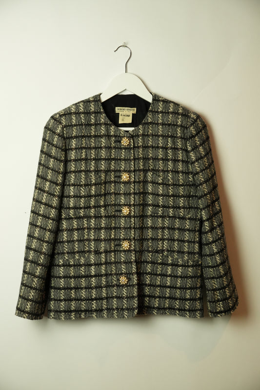 Giorgio Armani Tweed Checkered Collarless Blazer w Pearl Buttons