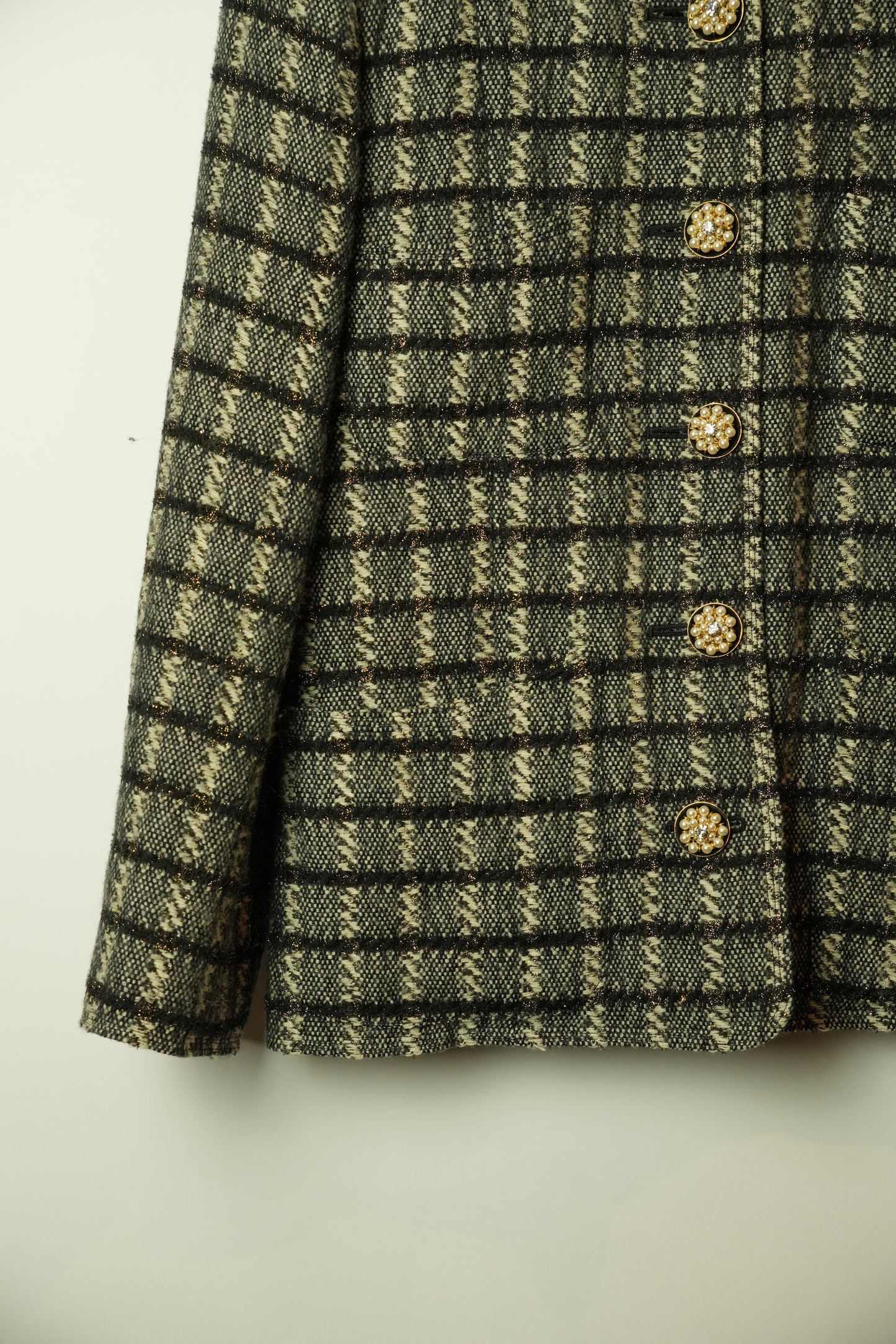 Giorgio Armani Tweed Checkered Collarless Blazer w Pearl Buttons