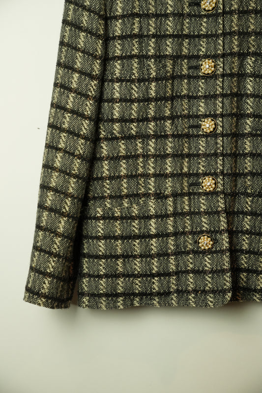 Giorgio Armani Tweed Checkered Collarless Blazer w Pearl Buttons