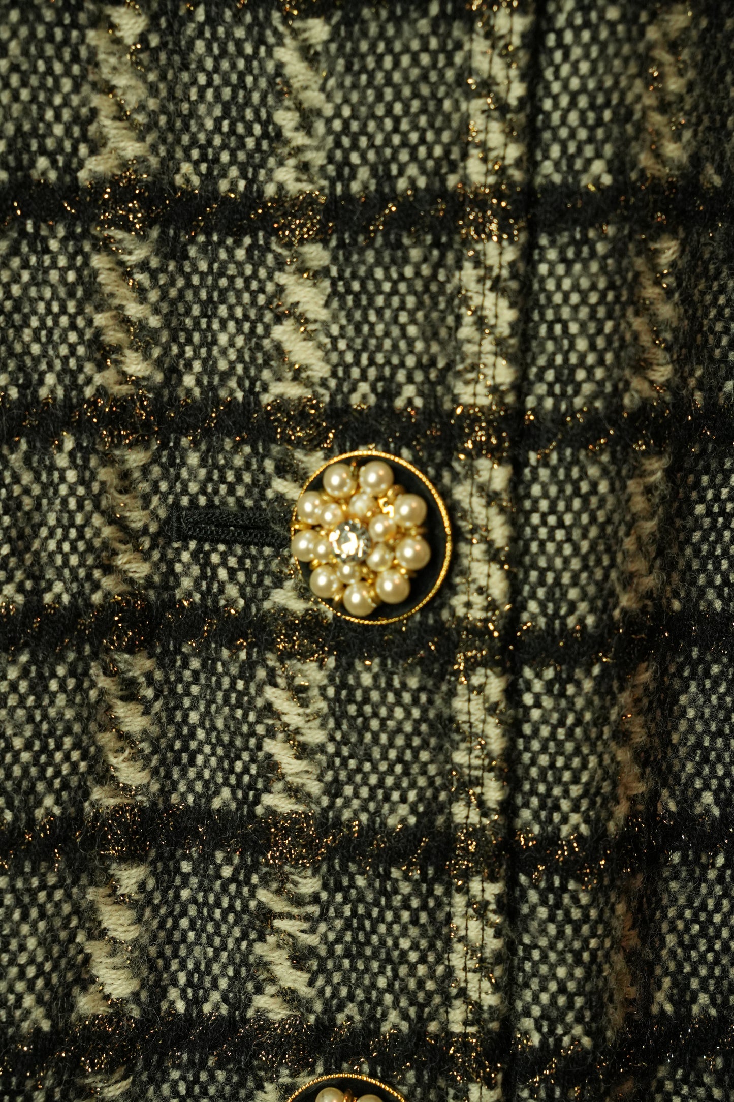 Giorgio Armani Tweed Checkered Collarless Blazer w Pearl Buttons