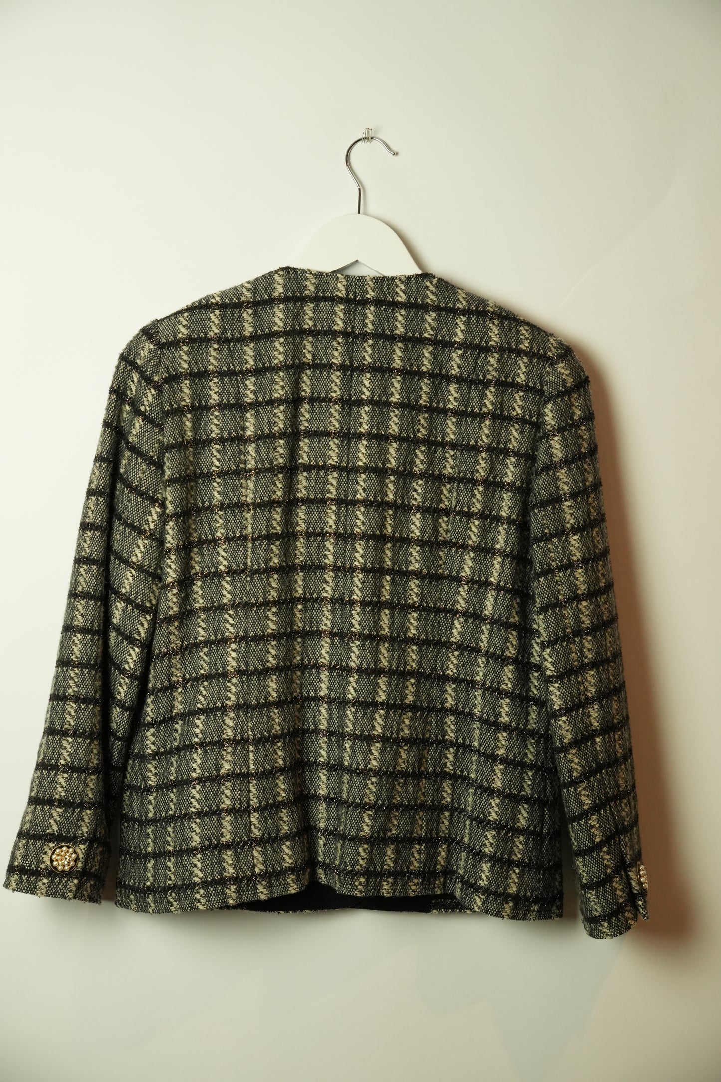 Giorgio Armani Tweed Checkered Collarless Blazer w Pearl Buttons