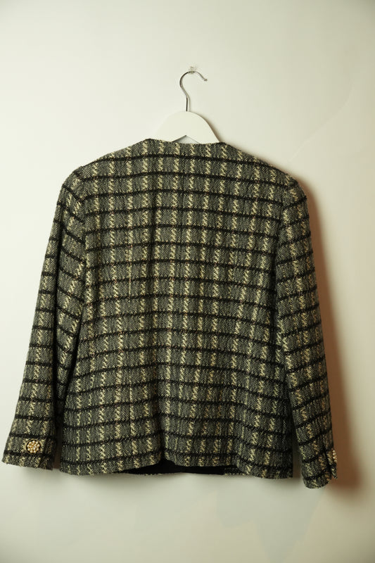 Giorgio Armani Tweed Checkered Collarless Blazer w Pearl Buttons
