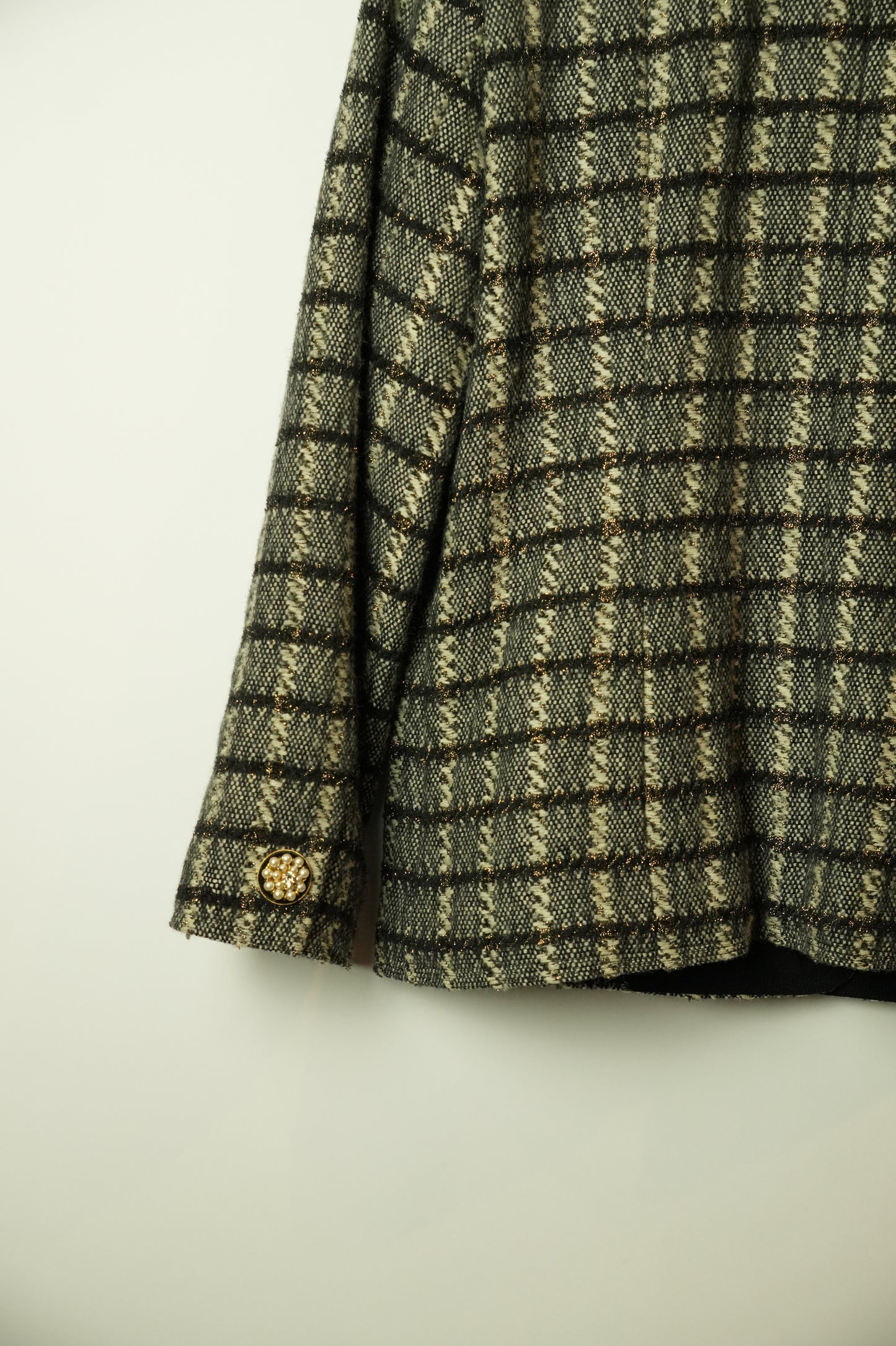 Giorgio Armani Tweed Checkered Collarless Blazer w Pearl Buttons