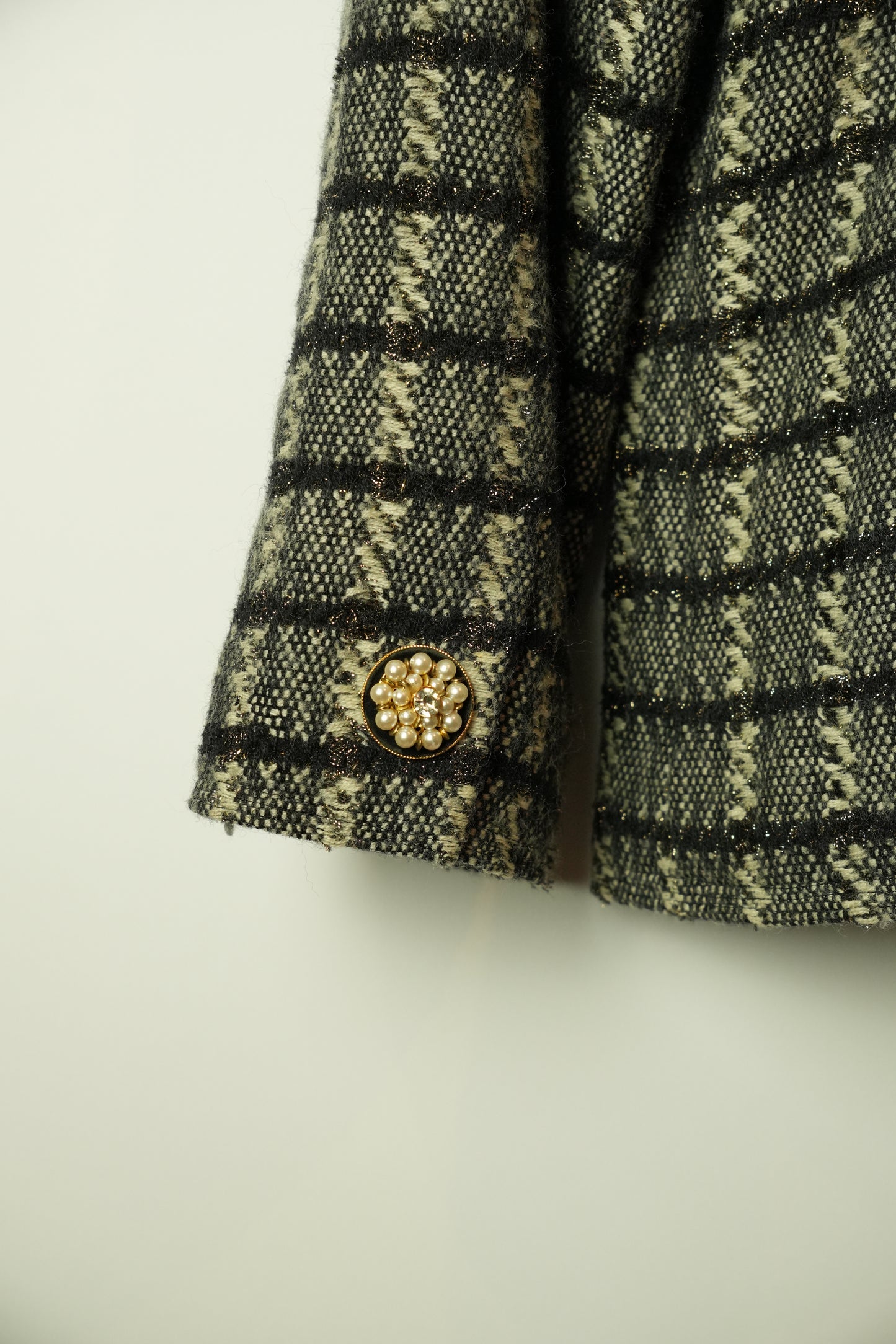 Giorgio Armani Tweed Checkered Collarless Blazer w Pearl Buttons