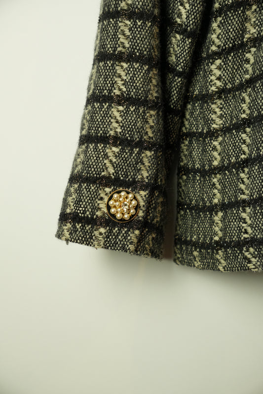 Giorgio Armani Tweed Checkered Collarless Blazer w Pearl Buttons