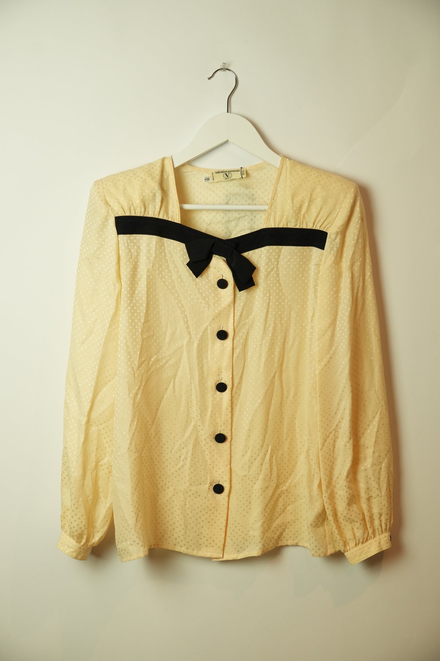 Valentino Garavani Cream Beige Polka Dot Chest Ribbon Button Down Blouse
