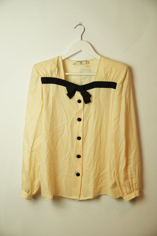 Valentino Garavani Cream Beige Polka Dot Chest Ribbon Button Down Blouse
