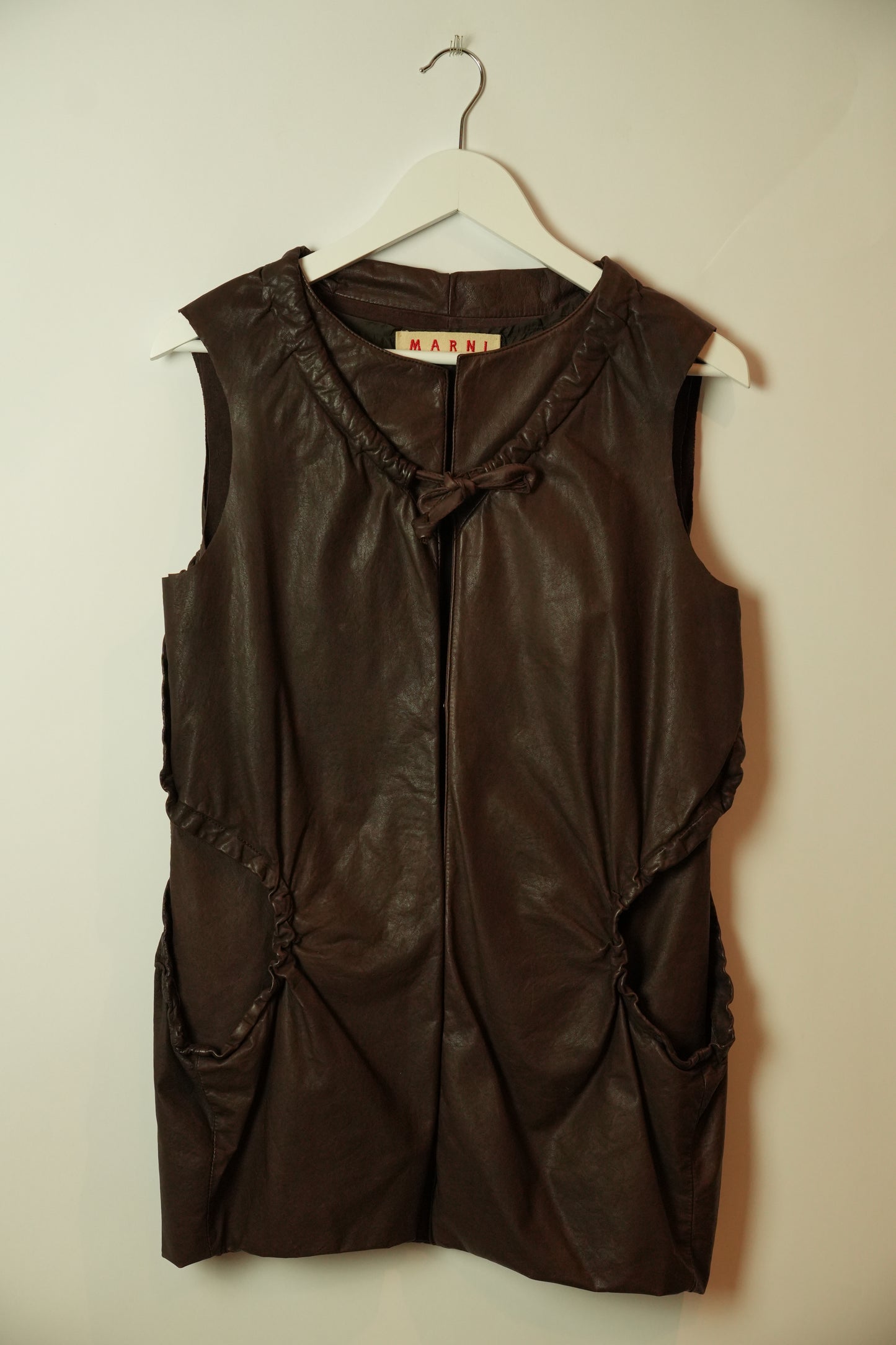 Marni Brown Leather Vest w Tie & Large Open Pockets