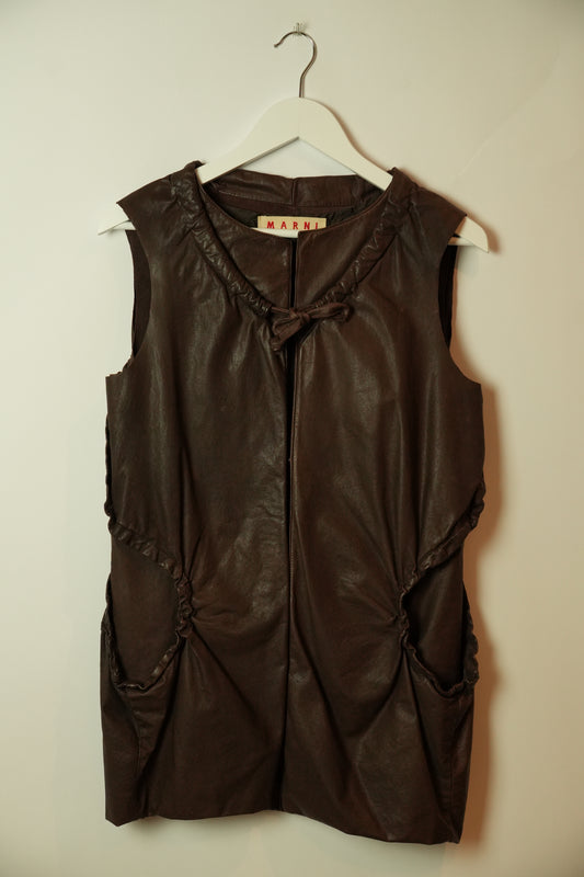Marni Brown Leather Vest w Tie & Large Open Pockets
