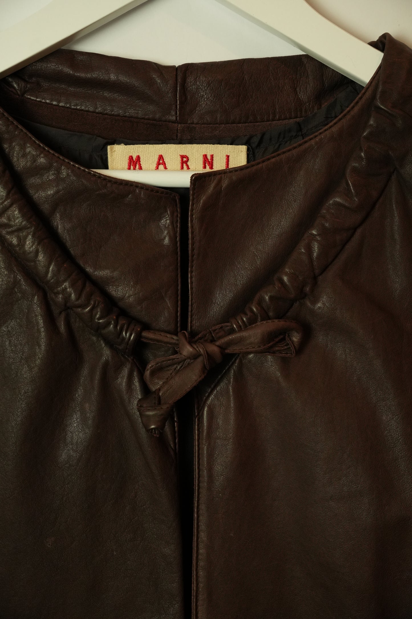 Marni Brown Leather Vest w Tie & Large Open Pockets