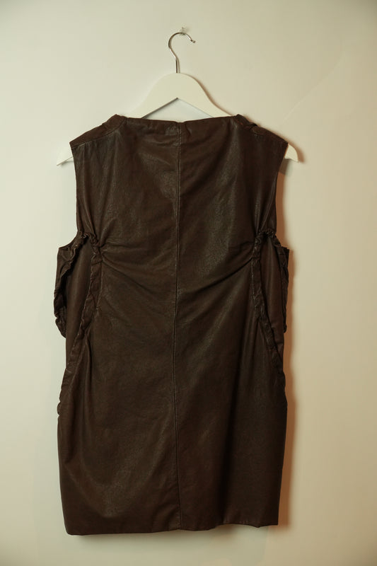 Marni Brown Leather Vest w Tie & Large Open Pockets