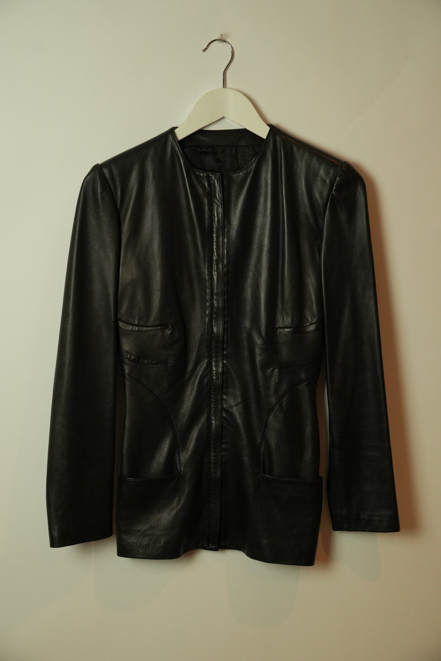 Gianni Versace Collarless Zipper Pocket Black Panel Detail Leather Jacket