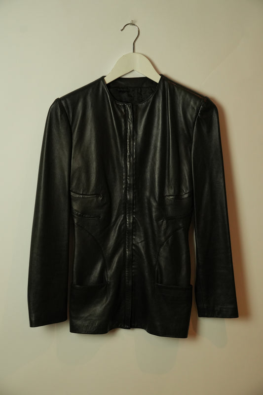 Gianni Versace Collarless Zipper Pocket Black Panel Detail Leather Jacket