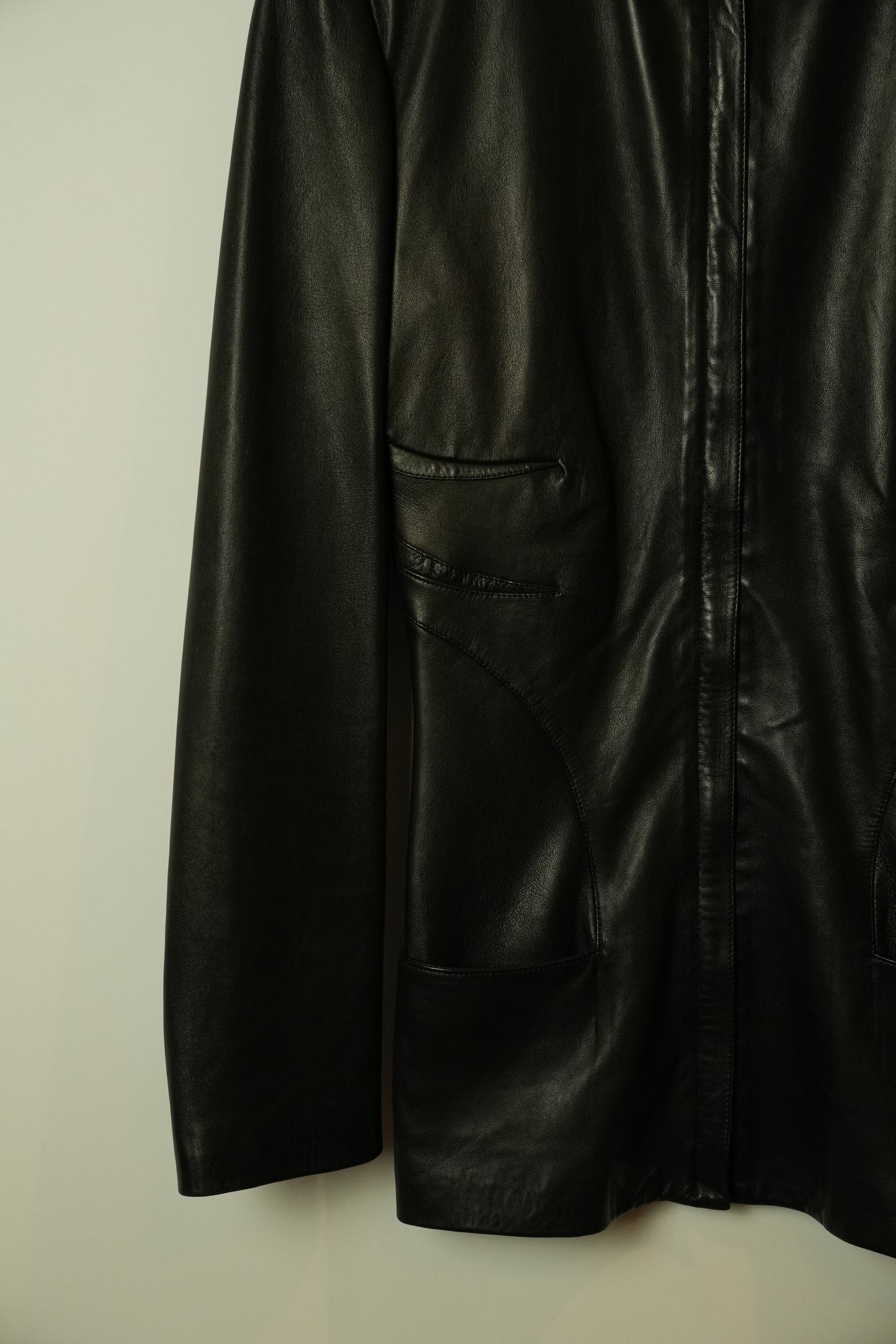 Gianni Versace Collarless Zipper Pocket Black Panel Detail Leather Jacket