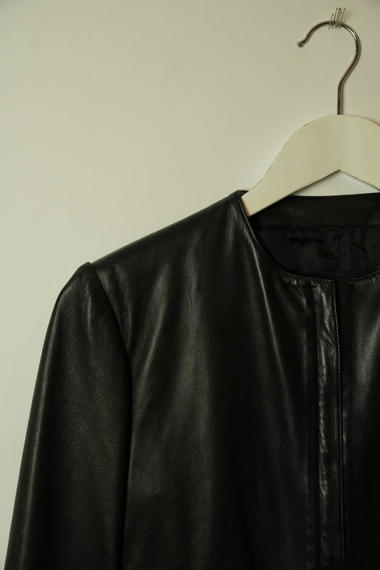Gianni Versace Collarless Zipper Pocket Black Panel Detail Leather Jacket