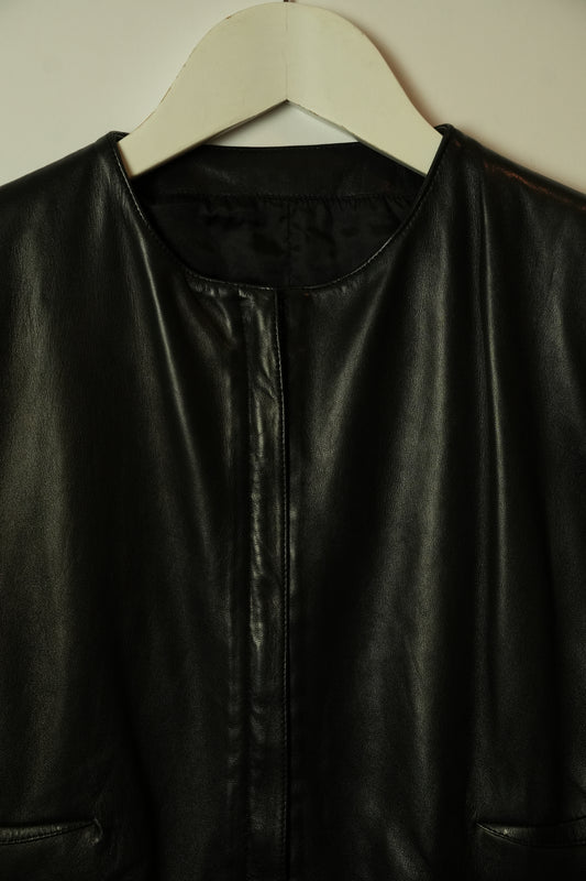 Gianni Versace Collarless Zipper Pocket Black Panel Detail Leather Jacket
