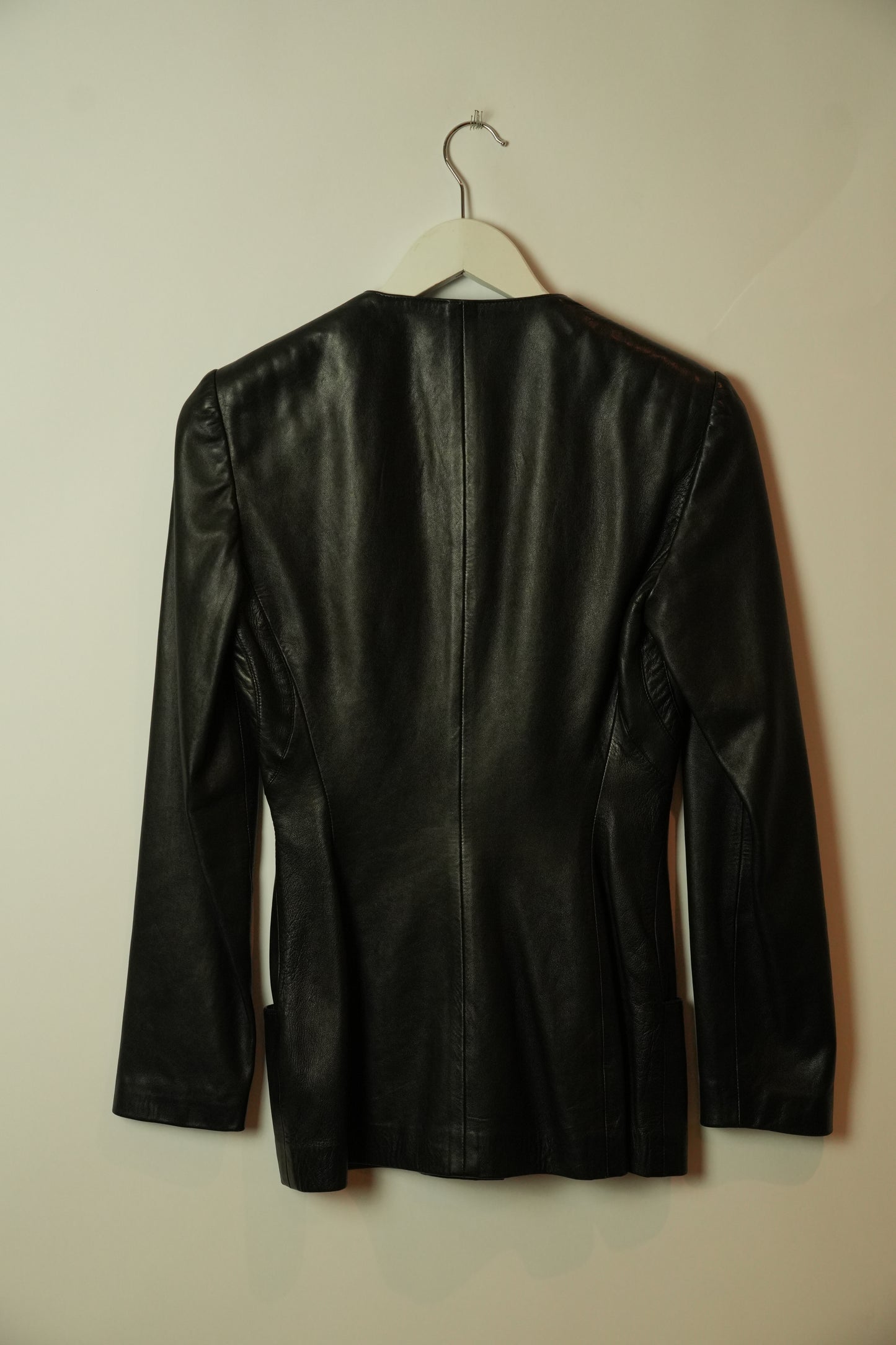 Gianni Versace Collarless Zipper Pocket Black Panel Detail Leather Jacket