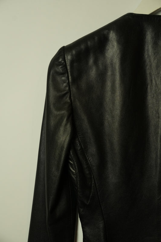 Gianni Versace Collarless Zipper Pocket Black Panel Detail Leather Jacket