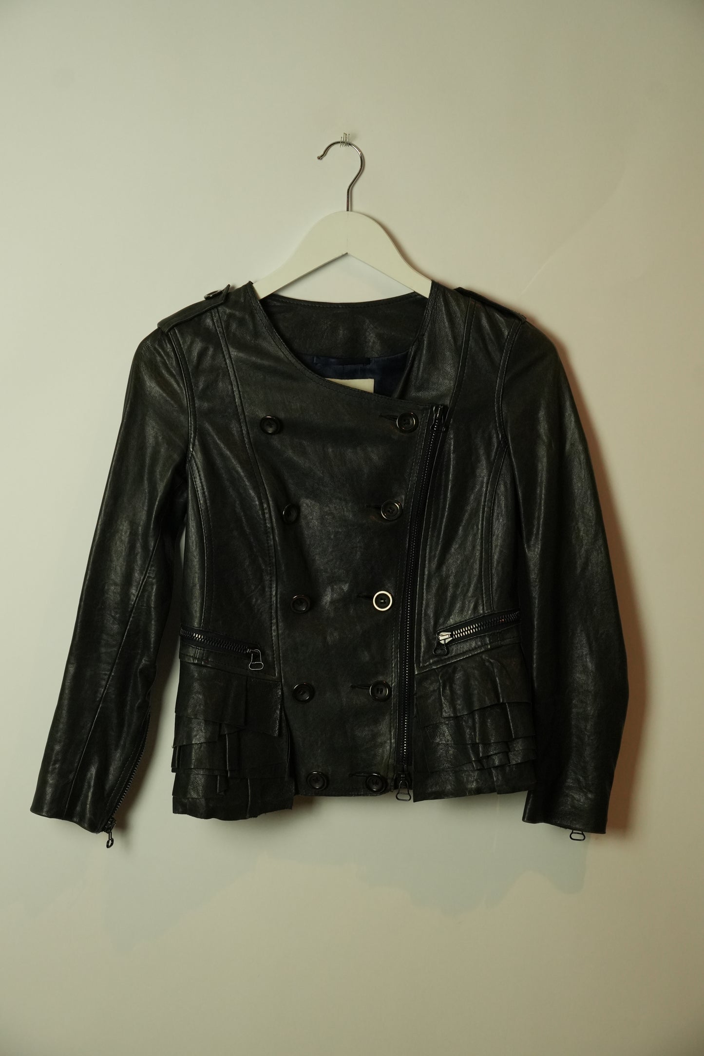 3.1 Phillip Lim Double Breasted Collarless Leather Ruffle Peplum Jacket