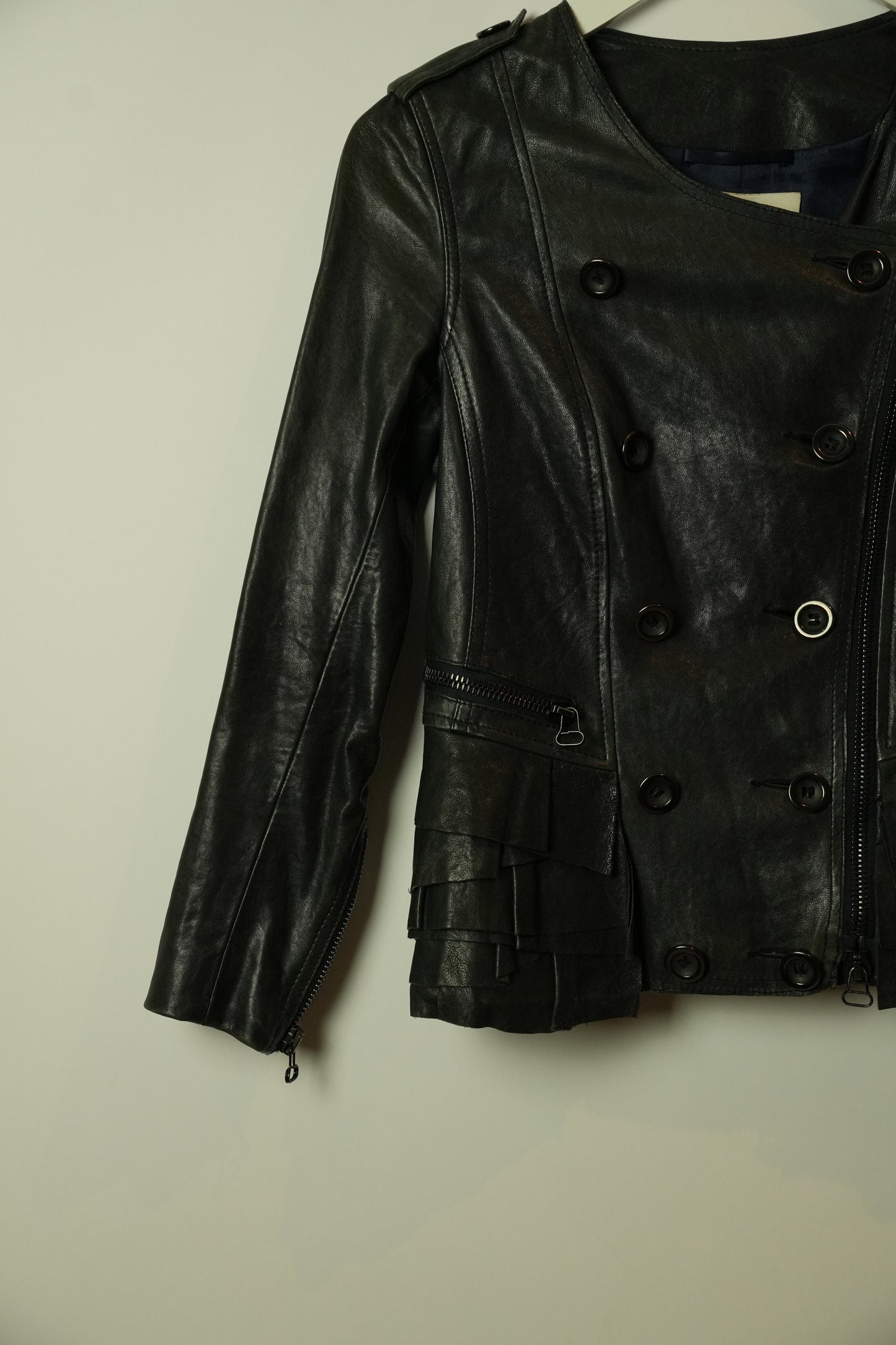 3.1 Phillip Lim Double Breasted Collarless Leather Ruffle Peplum Jacket