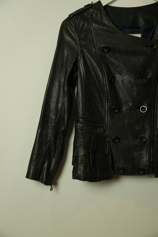 3.1 Phillip Lim Double Breasted Collarless Leather Ruffle Peplum Jacket