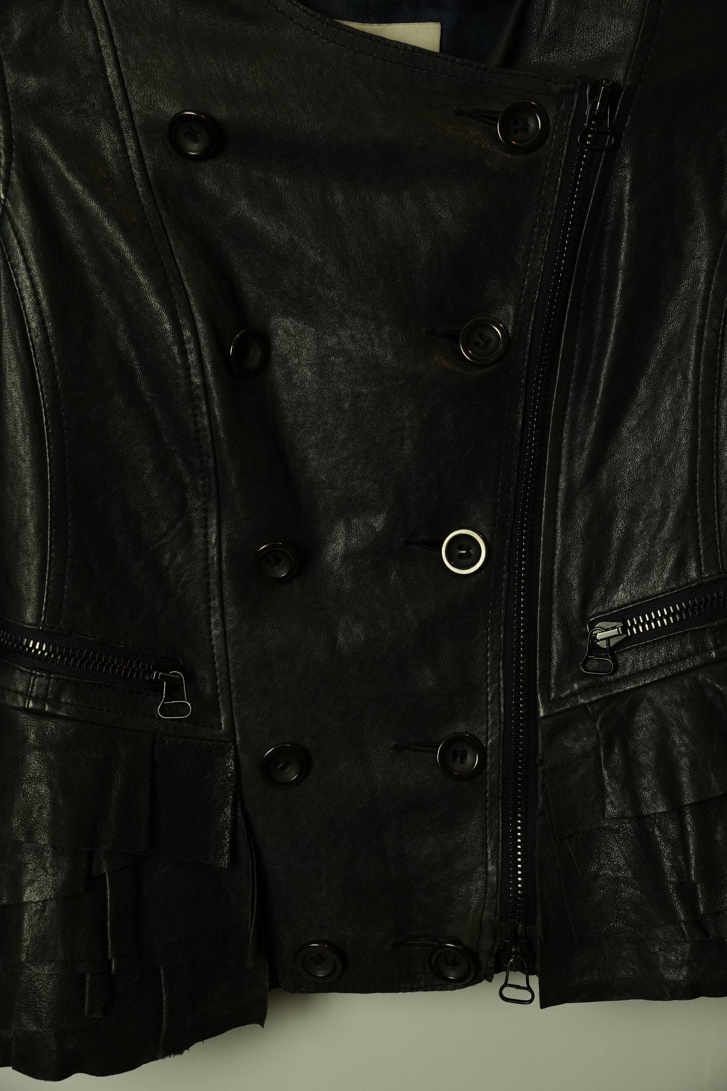 3.1 Phillip Lim Double Breasted Collarless Leather Ruffle Peplum Jacket