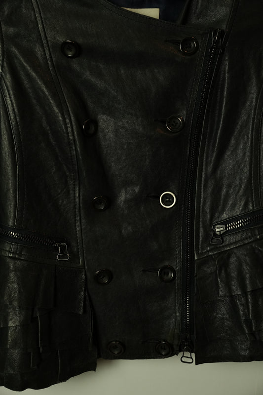 3.1 Phillip Lim Double Breasted Collarless Leather Ruffle Peplum Jacket