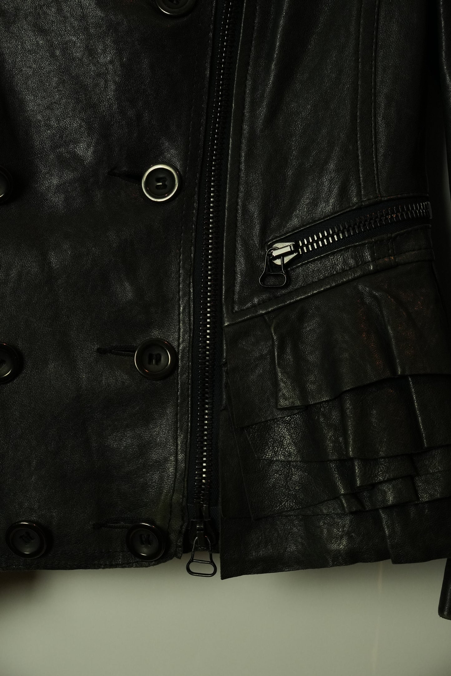 3.1 Phillip Lim Double Breasted Collarless Leather Ruffle Peplum Jacket