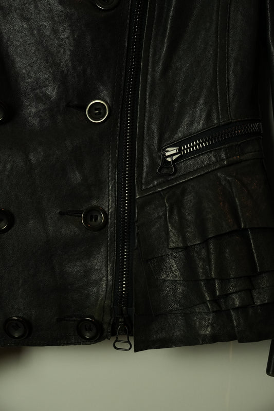 3.1 Phillip Lim Double Breasted Collarless Leather Ruffle Peplum Jacket