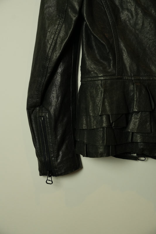 3.1 Phillip Lim Double Breasted Collarless Leather Ruffle Peplum Jacket