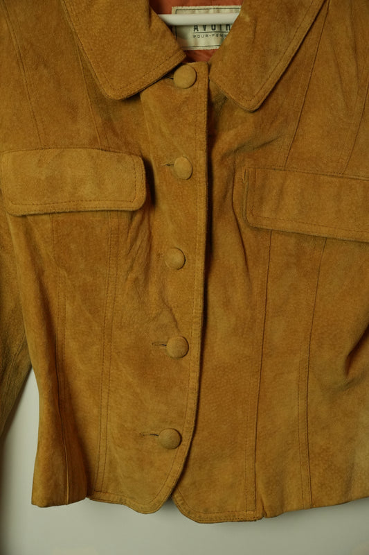 Avoir Retro Mode Suede Leather Jacket w Shoulder Pads
