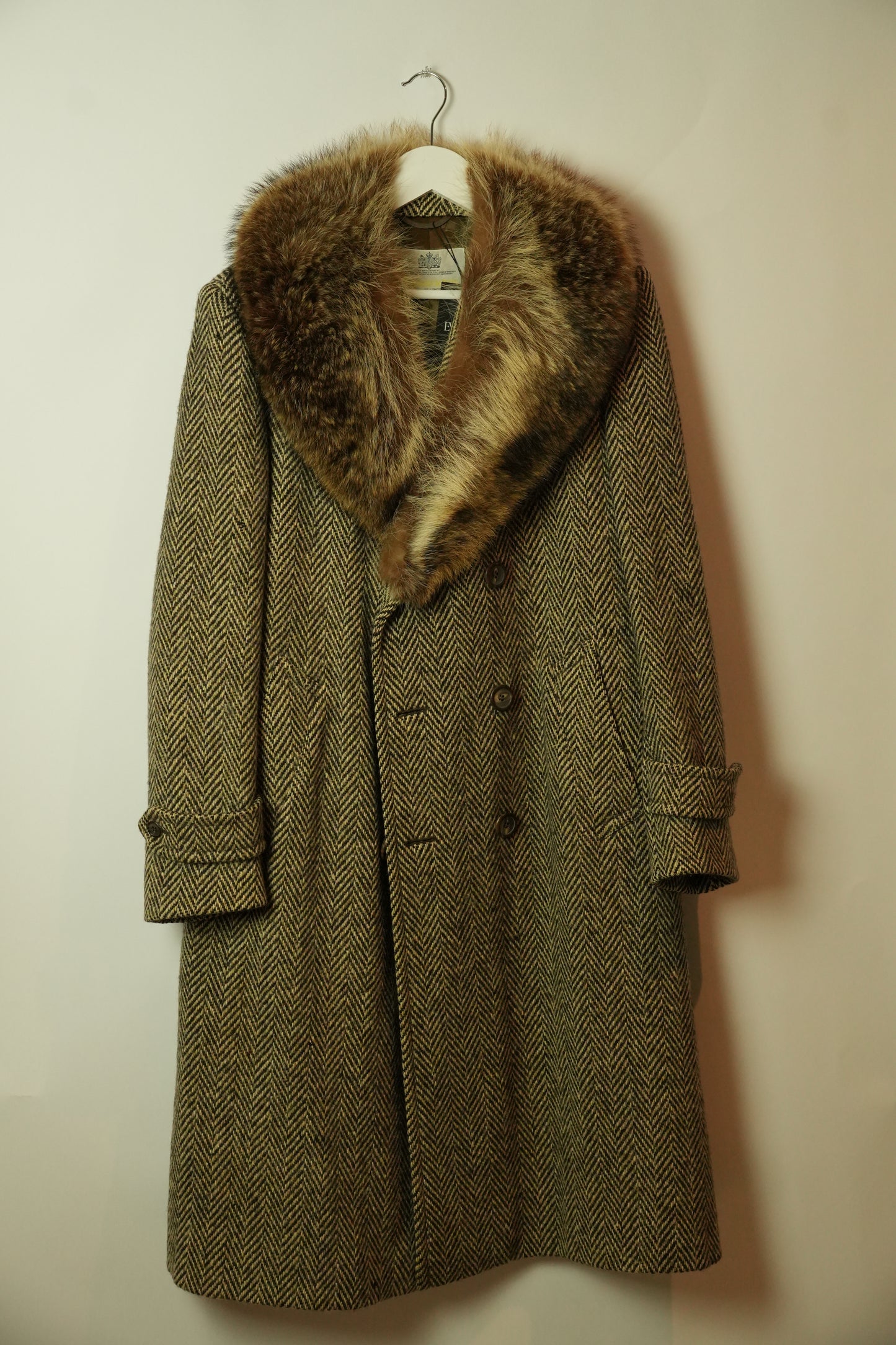 Aquascutum Herringbone Wool Coat w Fur Collar