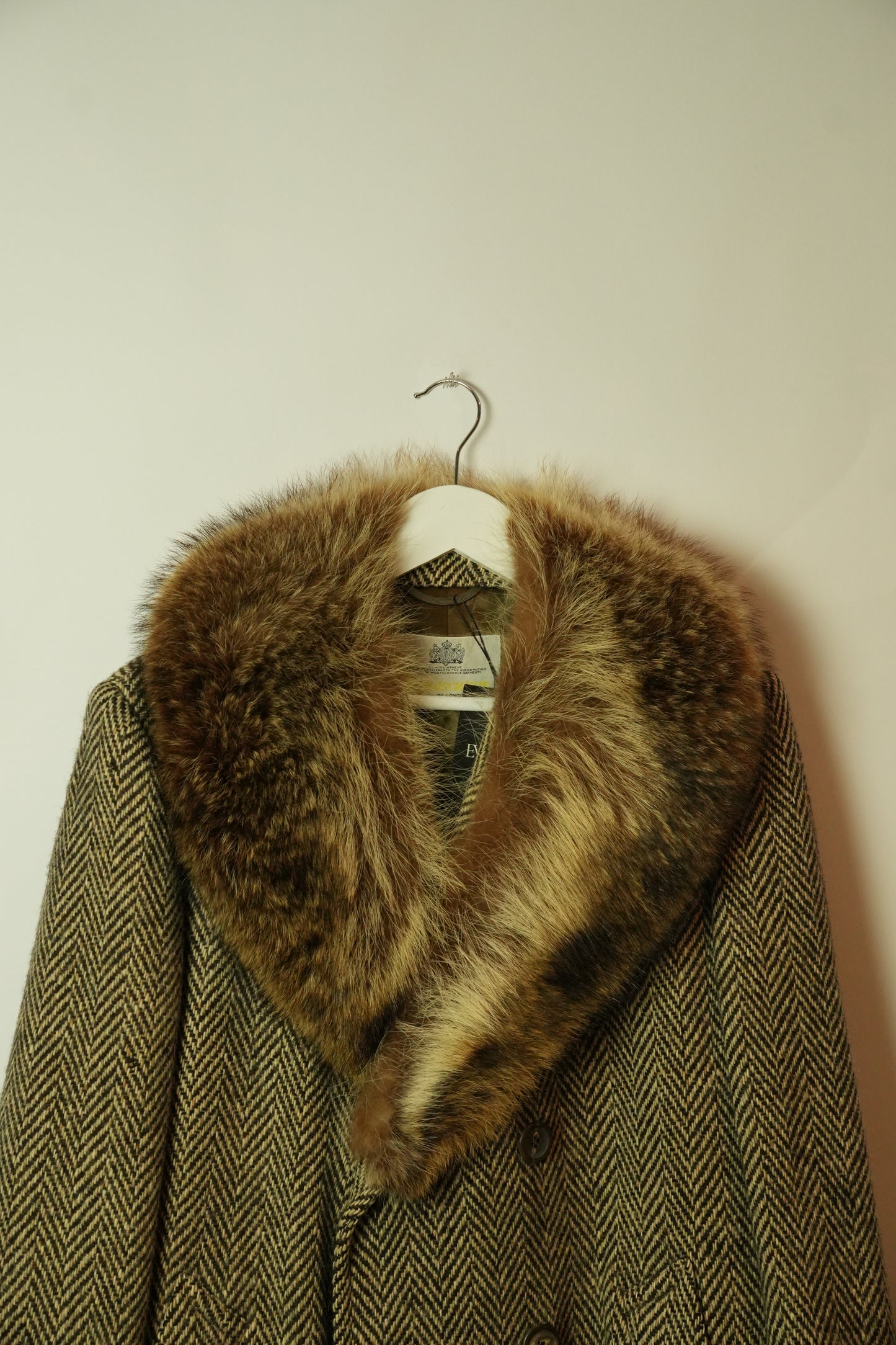 Aquascutum Herringbone Wool Coat w Fur Collar