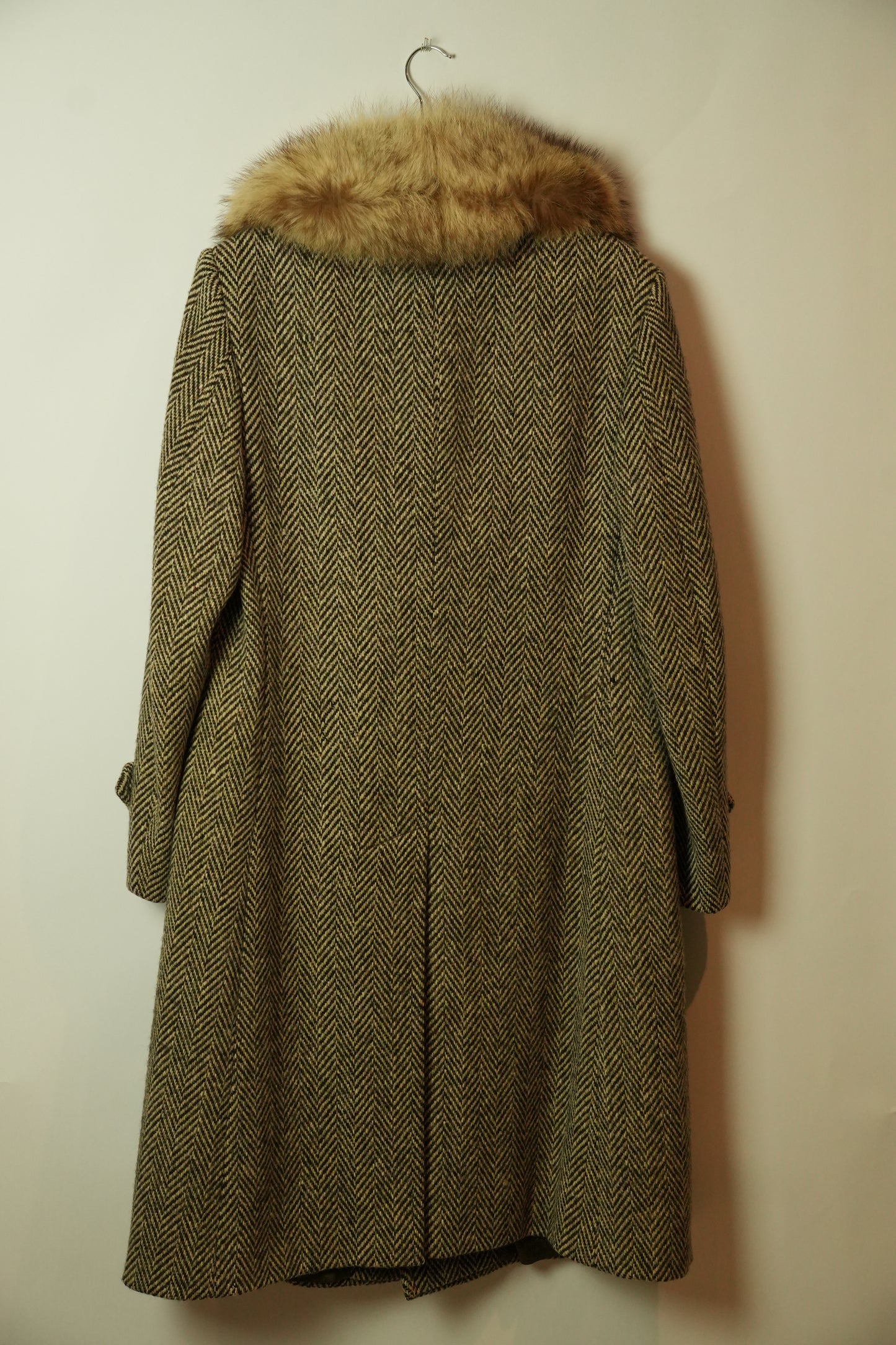 Aquascutum Herringbone Wool Coat w Fur Collar